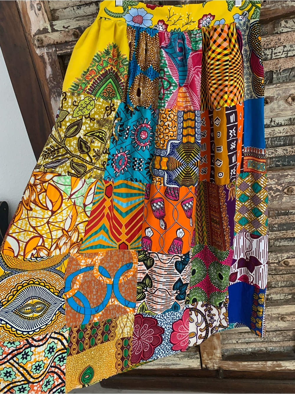 Handmade Bohemian Vibrant Patchwork African Ankara Wax Print Maxi Skirt, L / XL - Picture 3 of 9